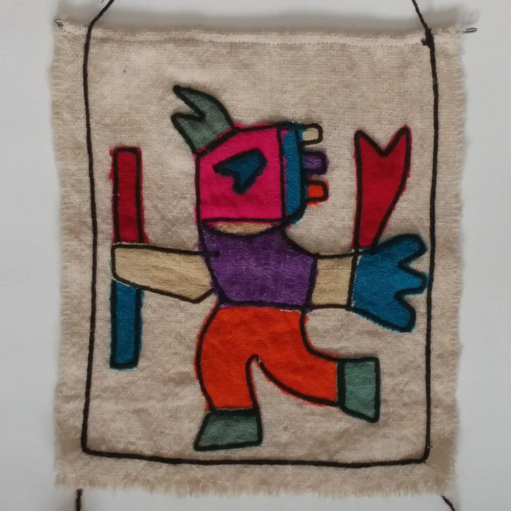 VINTAGE BOLIVIAN WOOL APPLIQUE BOHO WOVEN WOOL KOKOPELLI WALL HANGING
